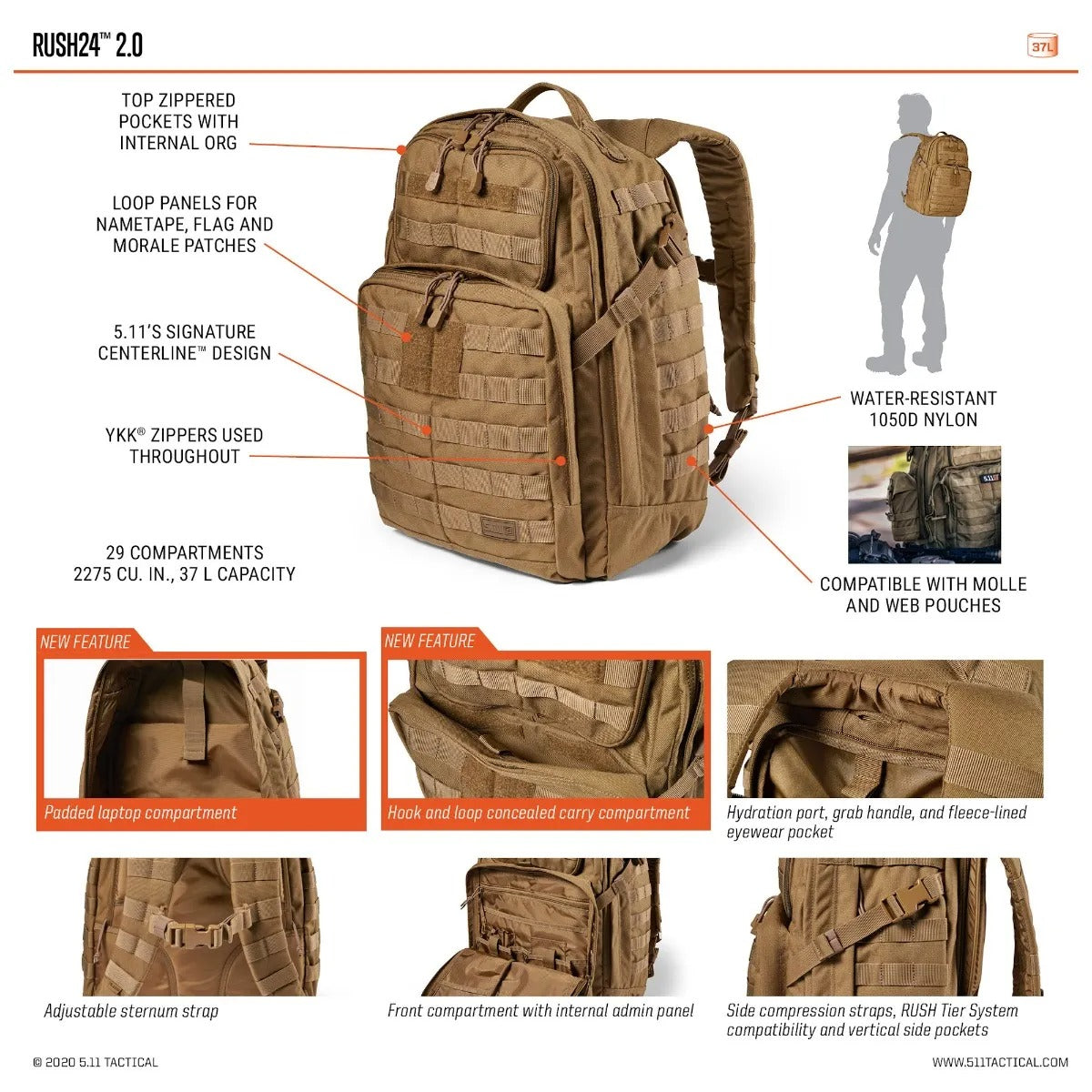 5.11 RUSH® 24 2.0 37L 戰術背包|1050D 尼龍・MOLLE 擴充・筆電/水袋相容
