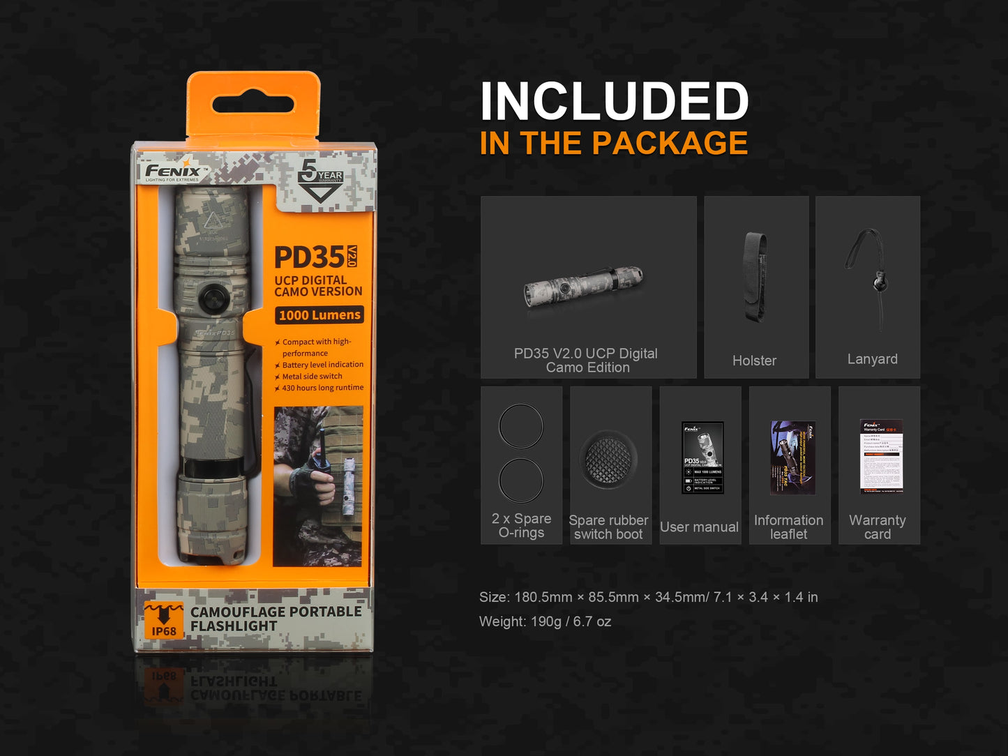 Fenix PD35 V2.0 Digital Camo Flashlight | 250mx430h | 5 Levels + Strobe | IP68