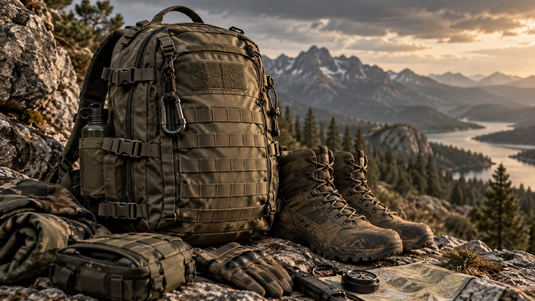 CORDURA 戰術與戶外裝備封面：戰術背囊、軍靴與戶外裝備置於山岳環境