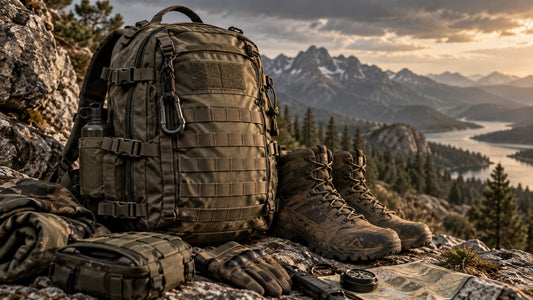 CORDURA 戰術與戶外裝備封面：戰術背囊、軍靴與戶外裝備置於山岳環境