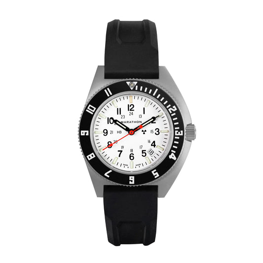 Marathon 41MM Arctic Steel Navigator with Date (SSNAV-D) on on Black 3-Piece Rubber Strap Kit