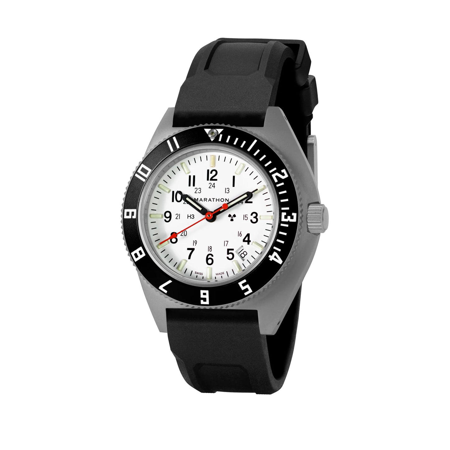 Marathon 41MM Arctic Steel Navigator with Date (SSNAV-D) on on Black 3-Piece Rubber Strap Kit