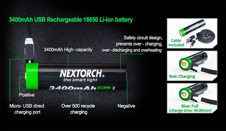 NEXTORCH 3400mAh USB Rechargeable 18650 Battery