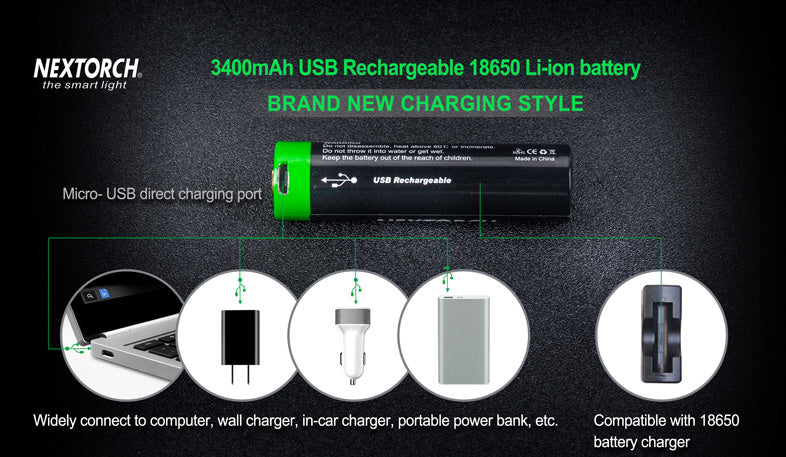 NEXTORCH 3400mAh USB Rechargeable 18650 Battery