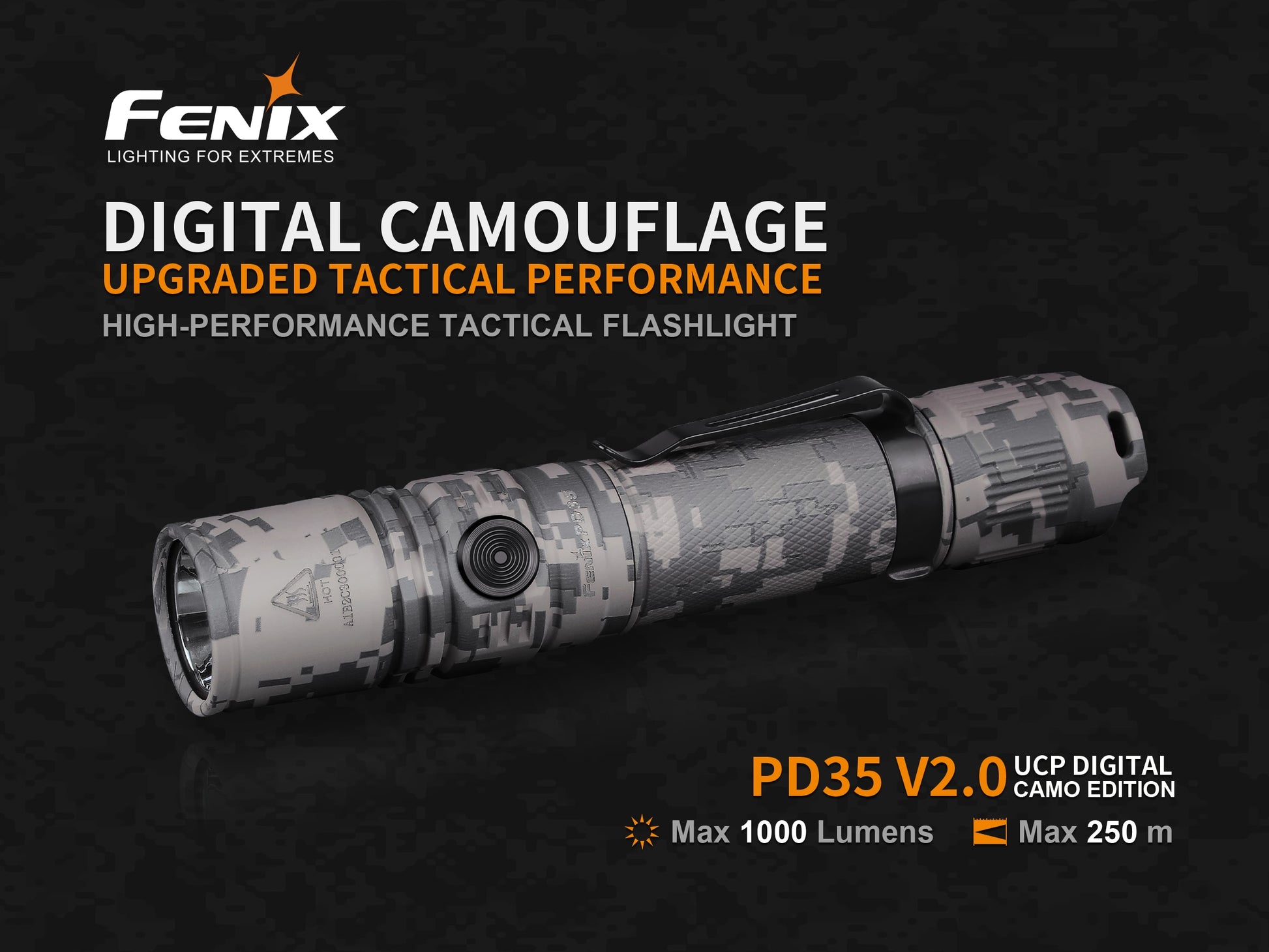 fenix camo flashlight Fenix PD35 V2.0 Digital Camo Tactical Flashlight | Tail + Metal Side Switch | 5 Levels + Strobe