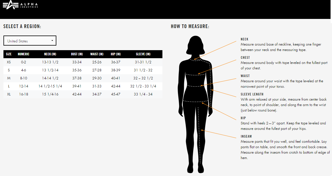 Alpha industries top size table